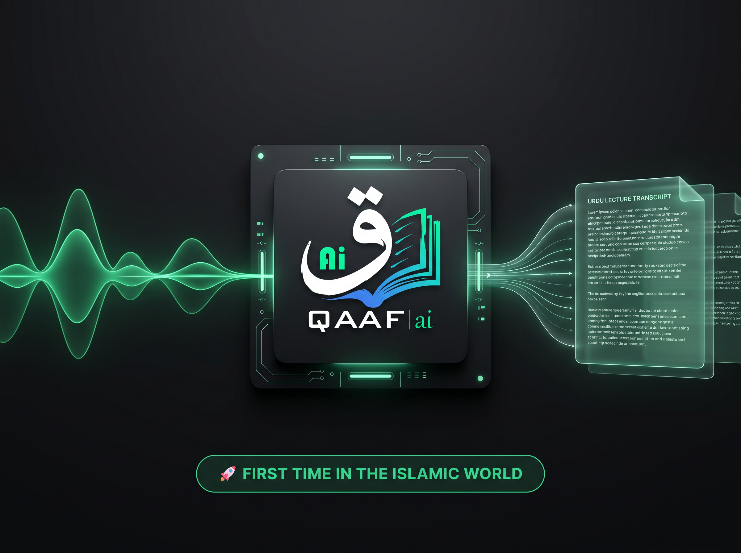 Qaaf AI audio engine interface demonstrating the best AI to transcribe Urdu Islamic lectures to English text while protecting classical Arabic Quranic references