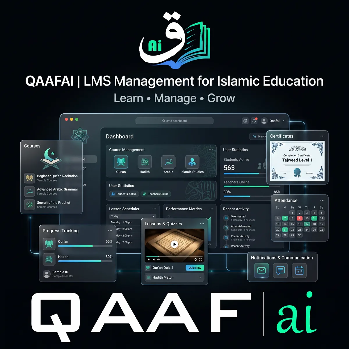 Islamic LMS dashboard with courses, attendance, progress tracking and certificates