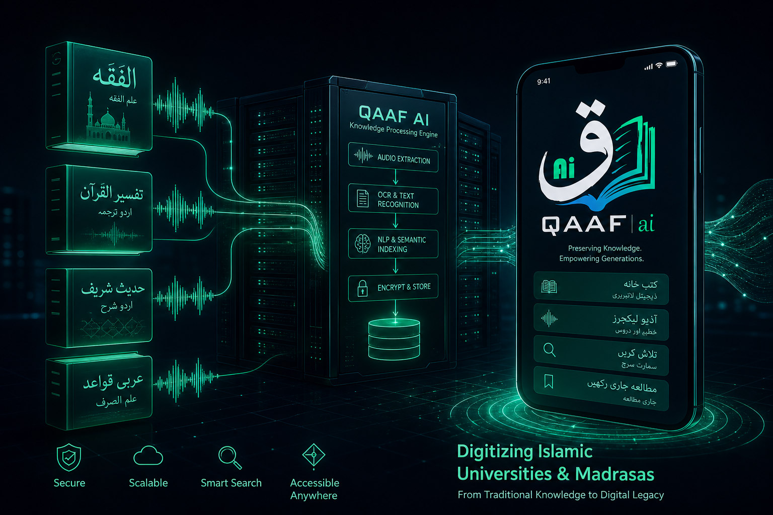Qaaf AI enterprise software translating Arabic PDFs to Urdu and transcribing mixed-language Islamic audio lectures