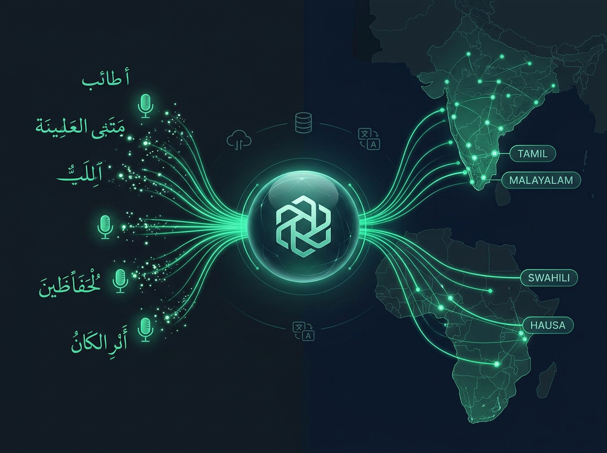 Qaaf AI enterprise software translating Arabic PDFs to English and converting Islamic audio into Malayalam, Telugu, and Hausa text